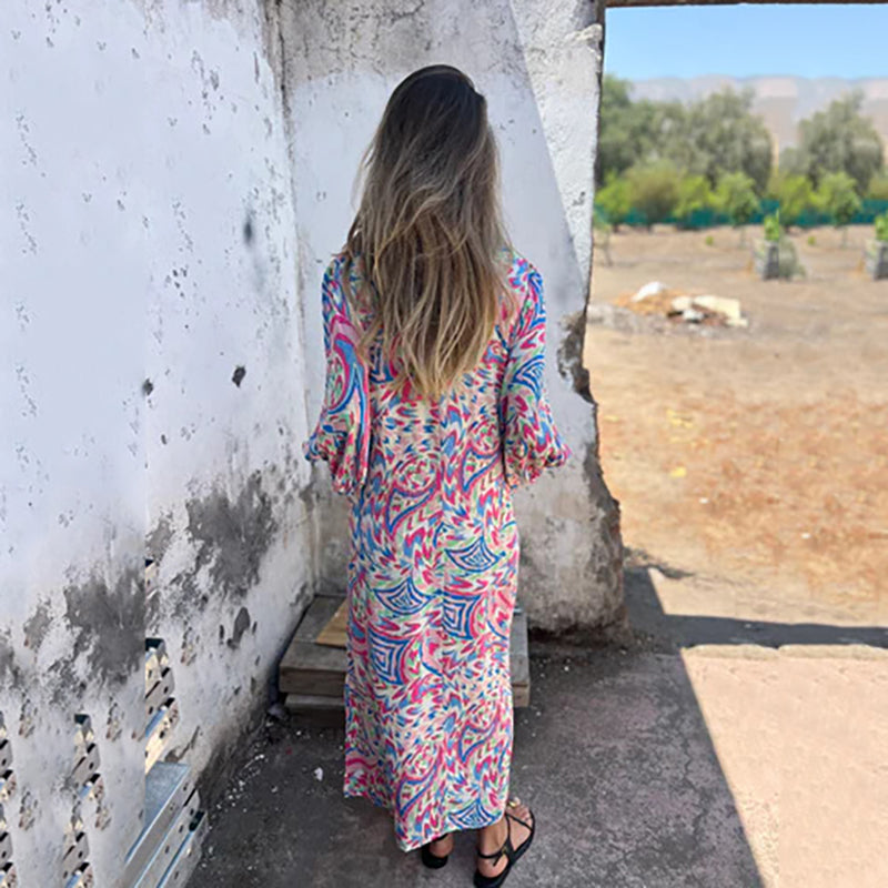 Almira – Boho Maxikleid mit abstraktem Print
