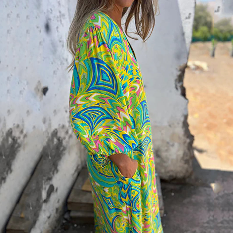 Almira – Boho Maxikleid mit abstraktem Print