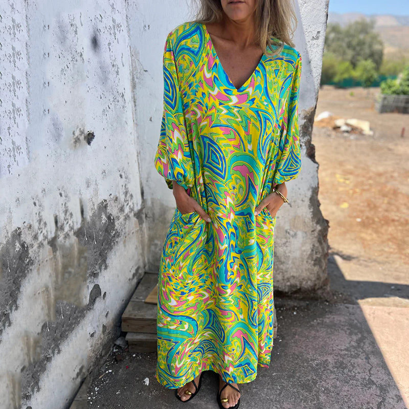 Almira – Boho Maxikleid mit abstraktem Print
