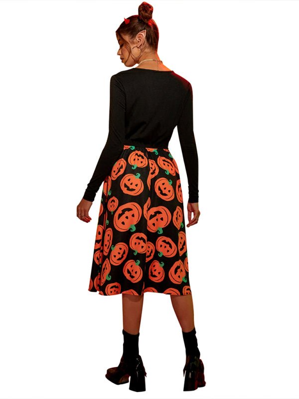 Kürbis Druck Lange Ärmel Halloween Kostum Kleid | Midi