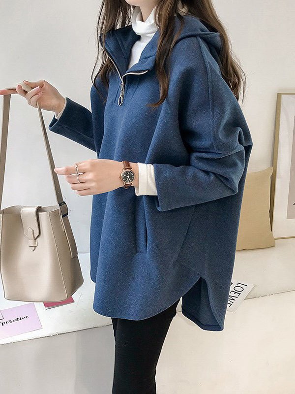 WW | Damen Hoodie Lässiger Wind Wolle Mittel Lang Pullover Hoodie