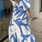 Emma – blau bedrucktes maxikleid mit 3/4 armeln
