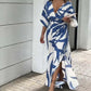 Emma – blau bedrucktes maxikleid mit 3/4 armeln