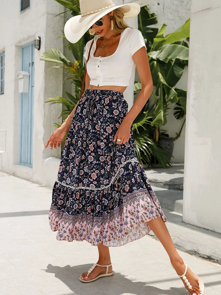 Eleganter langer Blumenrock für Damen mit elastischer Taille - Caelisya