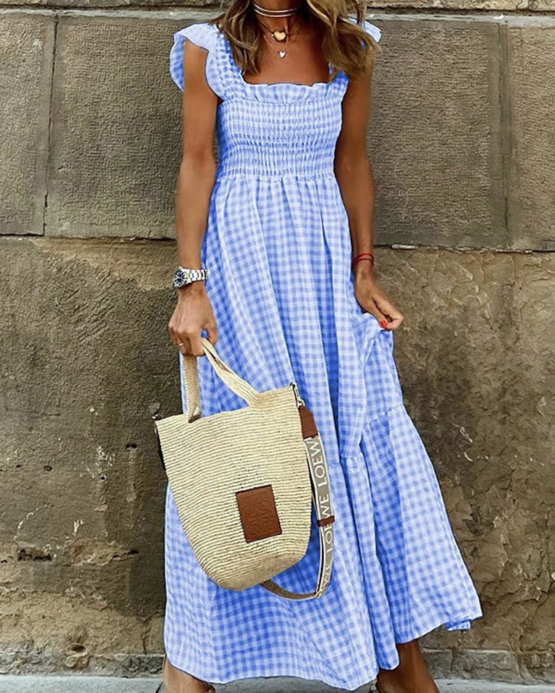 Mathilda – Gekreppte Maxi-Sommerkleid mit Karomuster