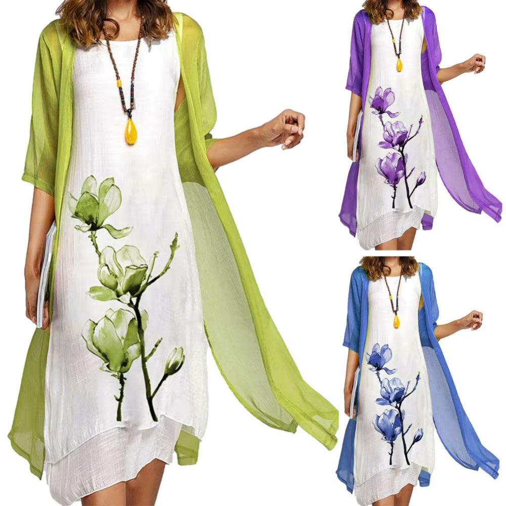 Evangeline - Leichtes Kleid mit Blumendruck und transparentem Kimono