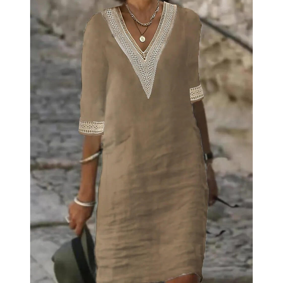 Damen Boho V-Ausschnitt Elegantes Halbarm Kleid |  Midi