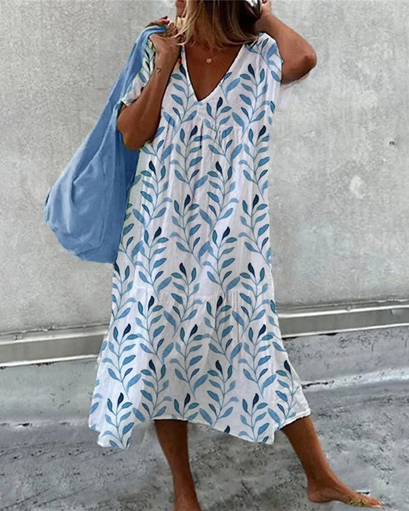 Serphine - Damenkleid mit V-Ausschnitt und Blätterdruck