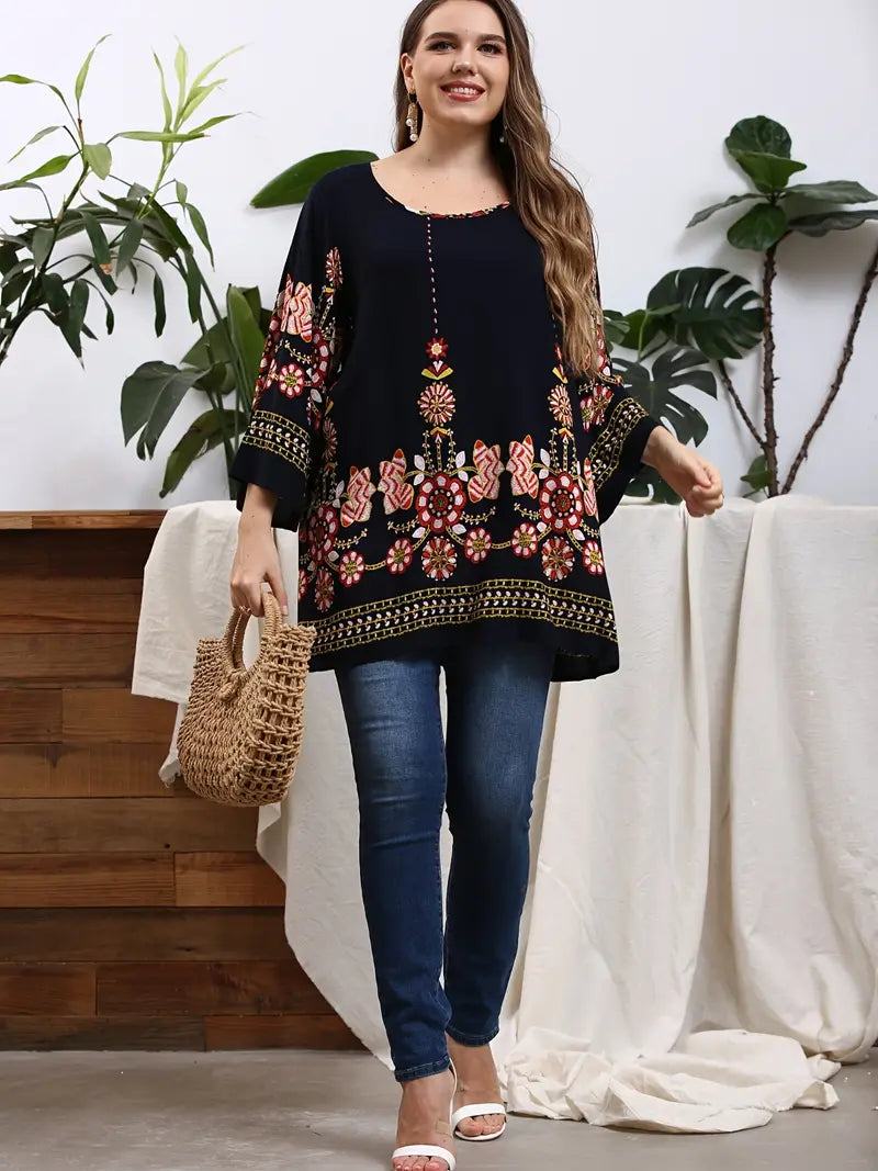 Geblümtes Tunika-Oberteil in Übergröße für den Sommer 2025