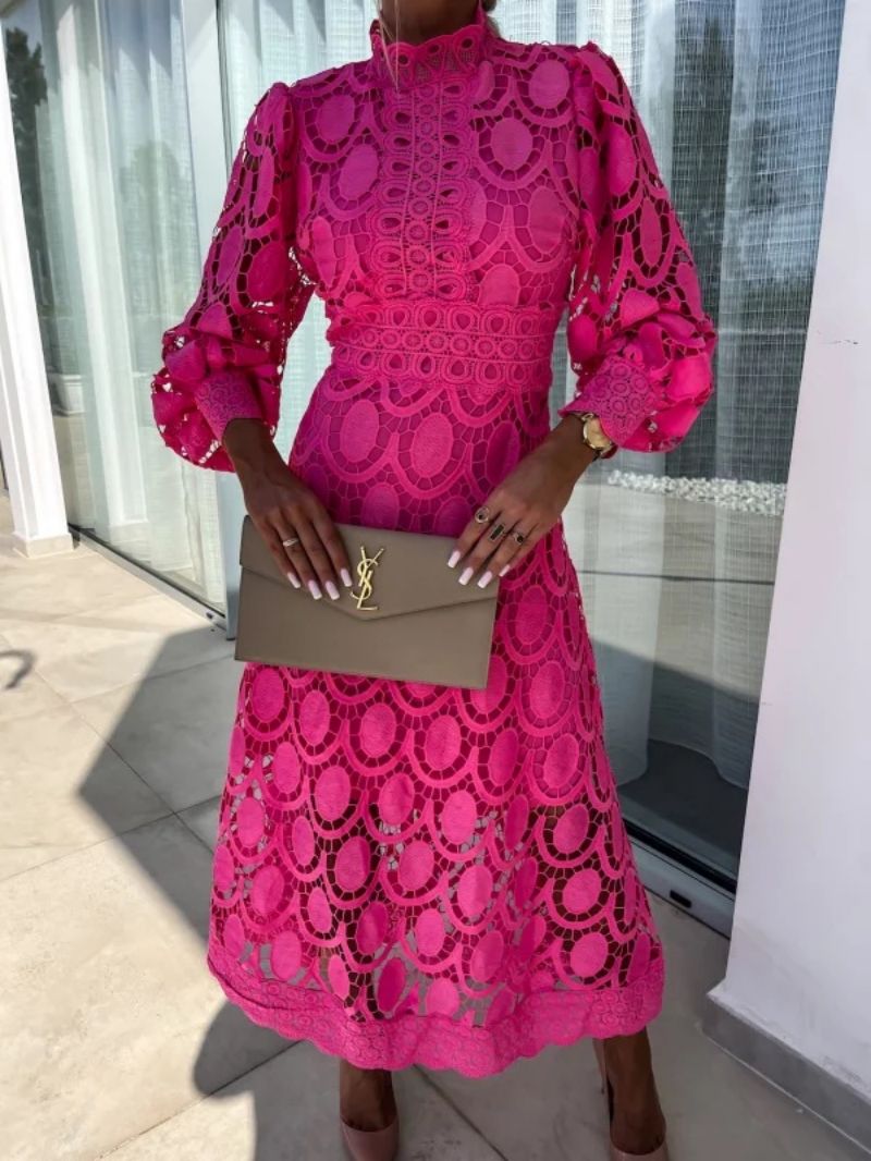 Damen Midikleid mit langen Ärmeln und hohen Hals für den Sommer