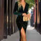 Damen Elegantes Stylisches Schlitz Tiefes V Ausschnitt Wickelkleid | Midi