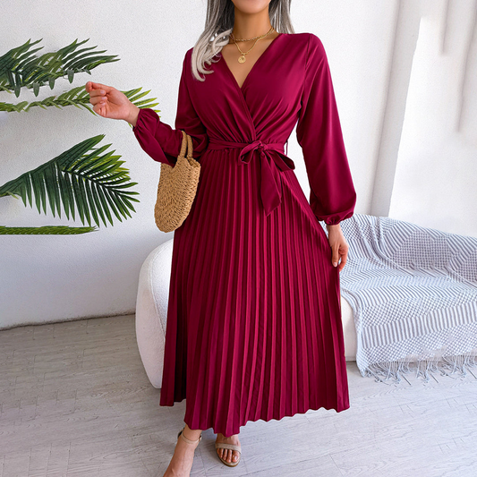 Leona | Damen Elegantes Langarm Falten Kleid | Maxi