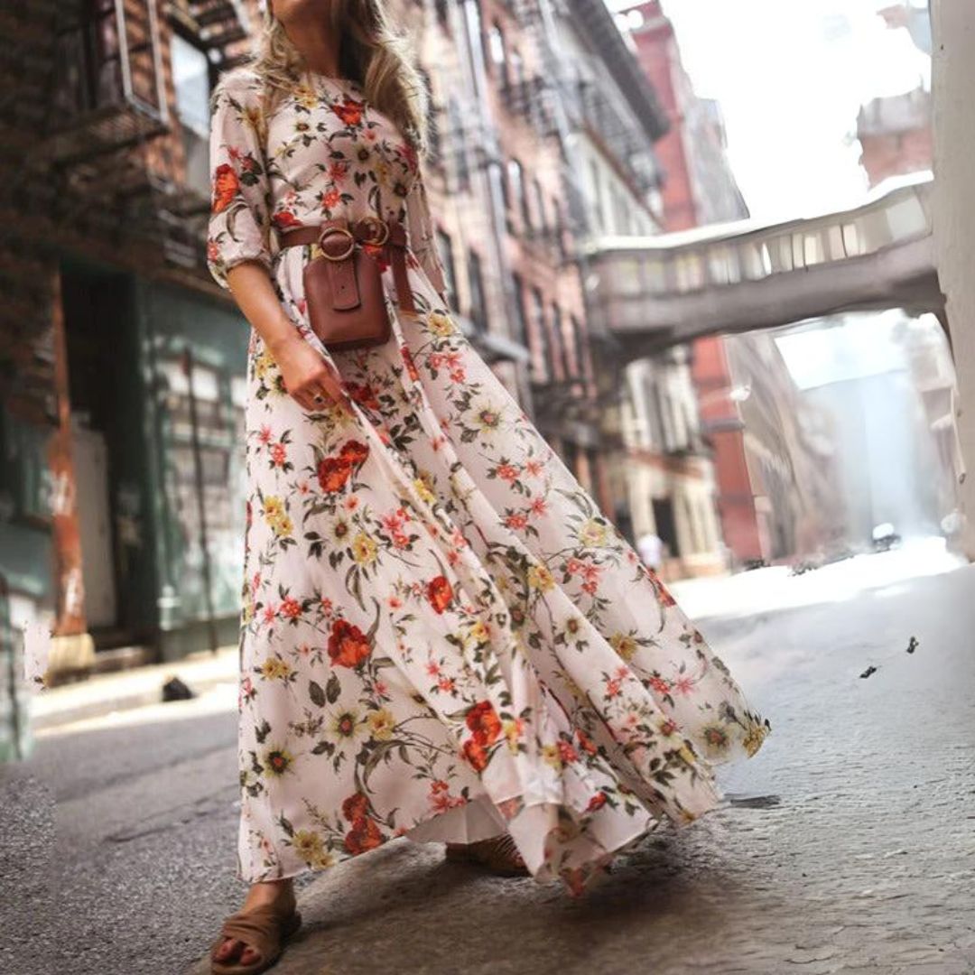 Elegantes Kleid Mit 3/4 Ärmeln Und Gürtel Für Damen | Maxi