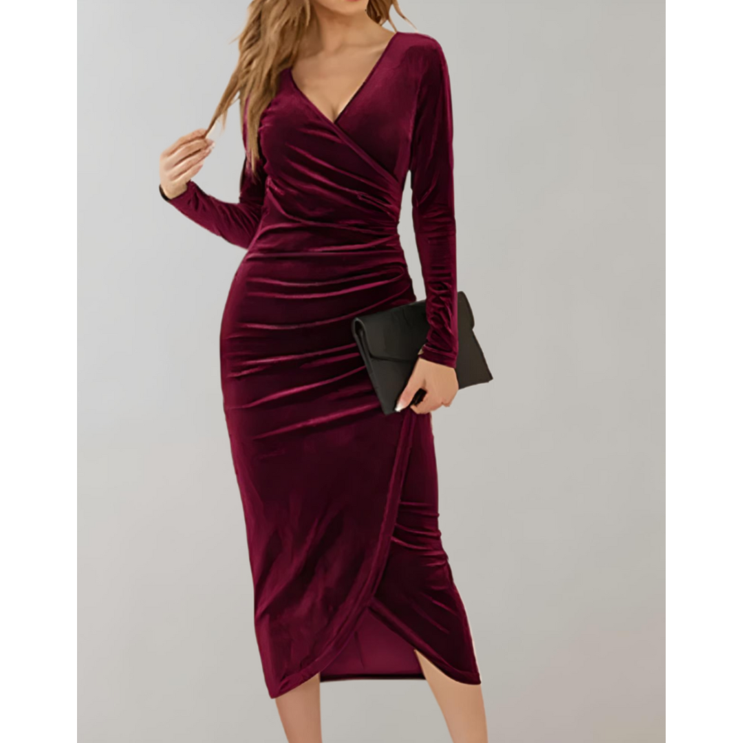 Damen Langarm V-Ausschnitt Bodycon Kleid | Midi