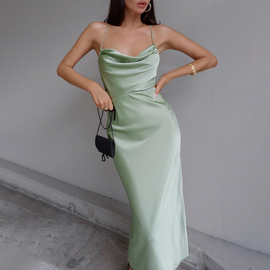 Agrona - Elegantes Maxikleid Sommer in Salbeigrün aus Satin für Damen - Lange Kleider Festlich