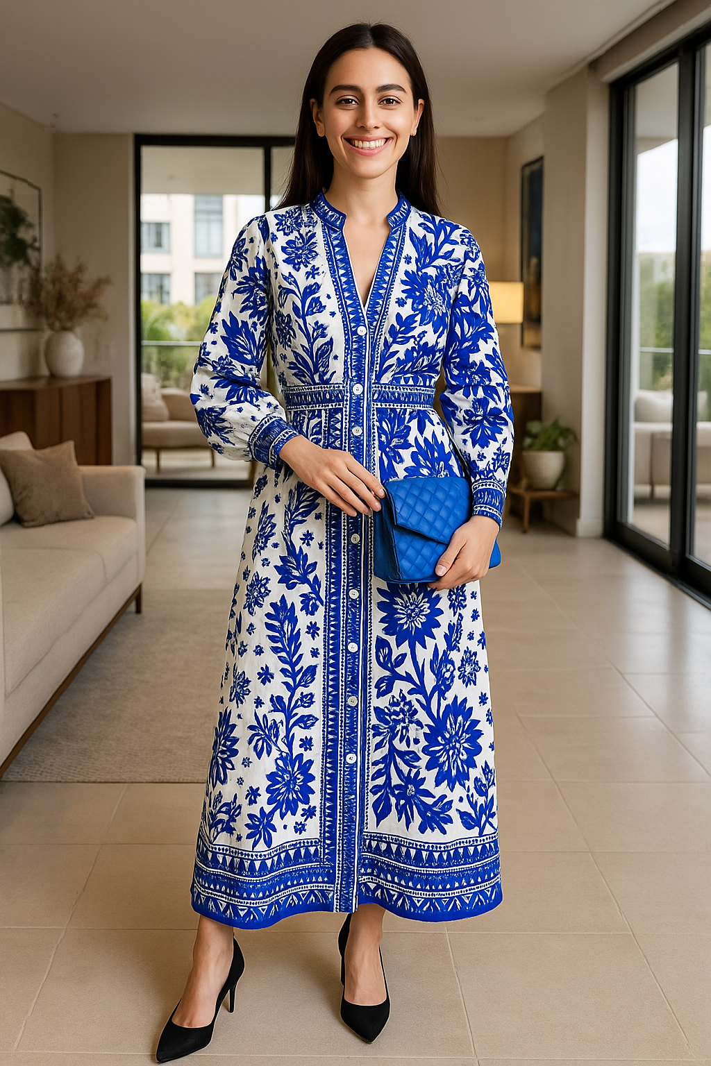 Isabe – Maxikleid mit königlichem Blau-Weiß-Print