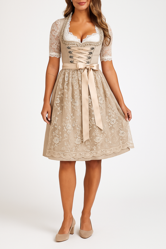Damen Dirndl Trachtenkleid: Elegantes Midi-Dirndl mit Stickerei, Spitze und Schürze