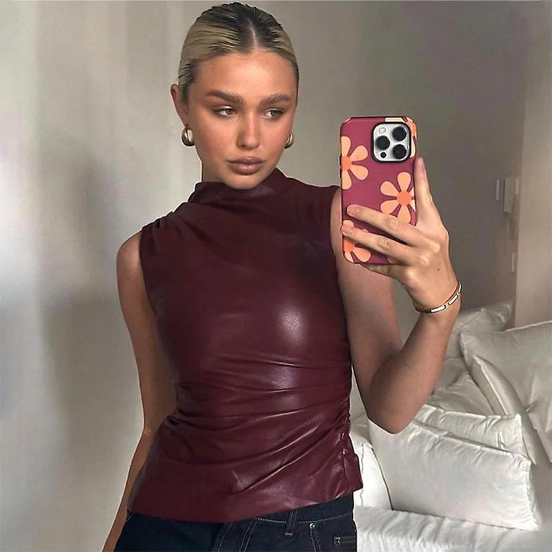 Damen Ärmelloses Leder-Top in Bordeaux mit Taillierter Passform – Nila