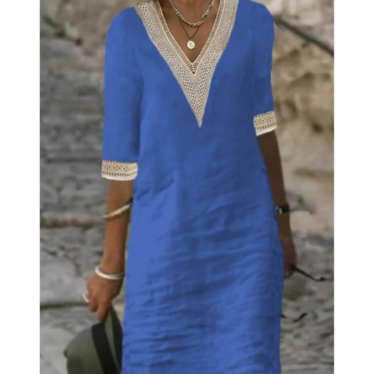 Damen Boho V-Ausschnitt Elegantes Halbarm Kleid |  Midi