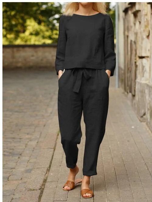 Zweiteiliges Damen Outfit mit Rundhals-Shirt & Hose mit Gummibund – Nia