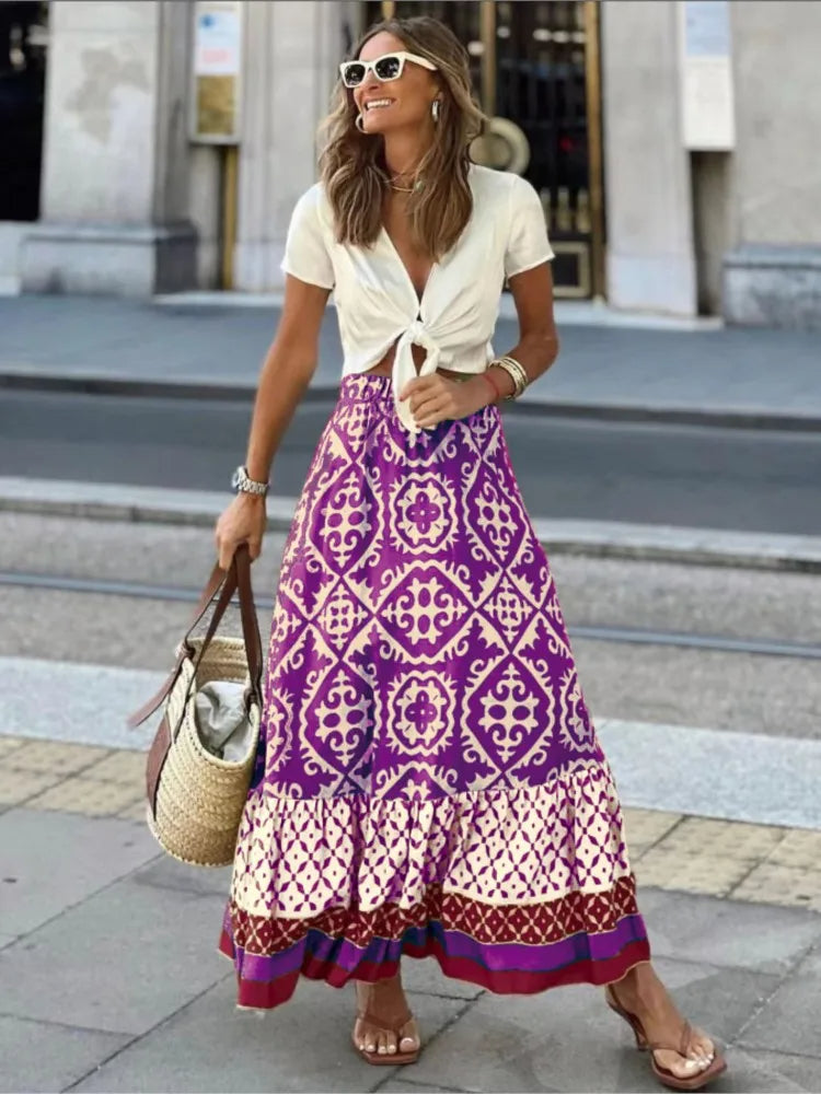 Eleganter langer Blumenrock für Damen mit elastischer Taille - Caelisya