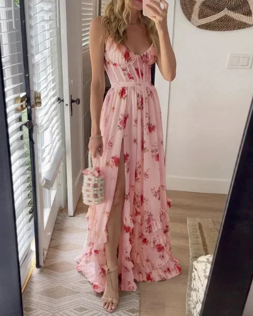 Damen ärmelloses Maxikleid mit Blumenmuster und Schlitz für den Sommer