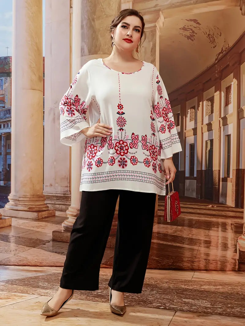 Geblümtes Tunika-Oberteil in Übergröße für den Sommer 2025