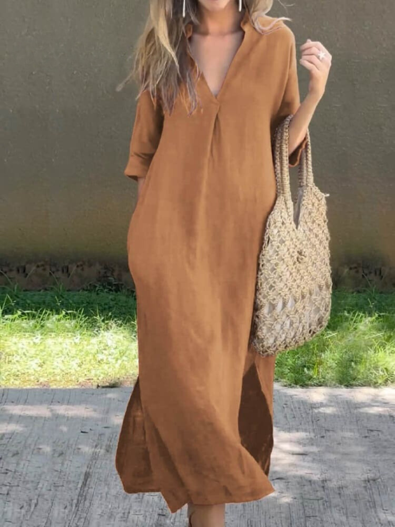 Klassisches Sommerkleid Mit V Ausschnitt Für Damen | Midi