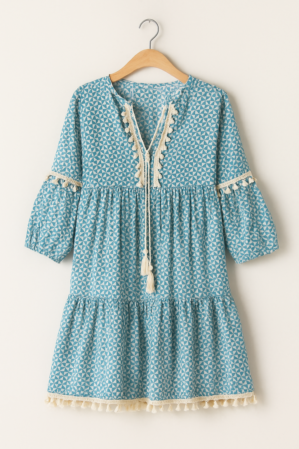 Boho Strandkleid Damen – Sommer Minikleid mit Quasten, Musterprint und 3/4-Ärmeln für Urlaub und Freizeit