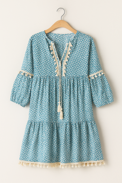 Boho Strandkleid Damen – Sommer Minikleid mit Quasten, Musterprint und 3/4-Ärmeln für Urlaub und Freizeit