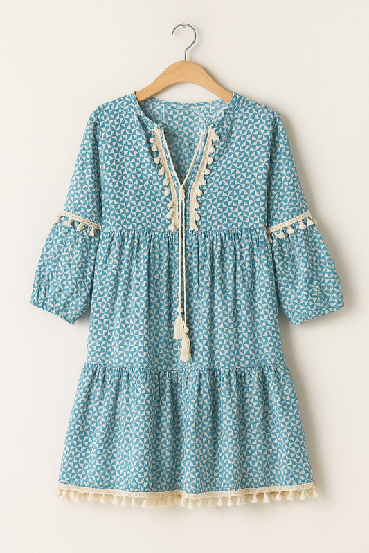 Boho Strandkleid Damen – Sommer Minikleid mit Quasten, Musterprint und 3/4-Ärmeln für Urlaub und Freizeit