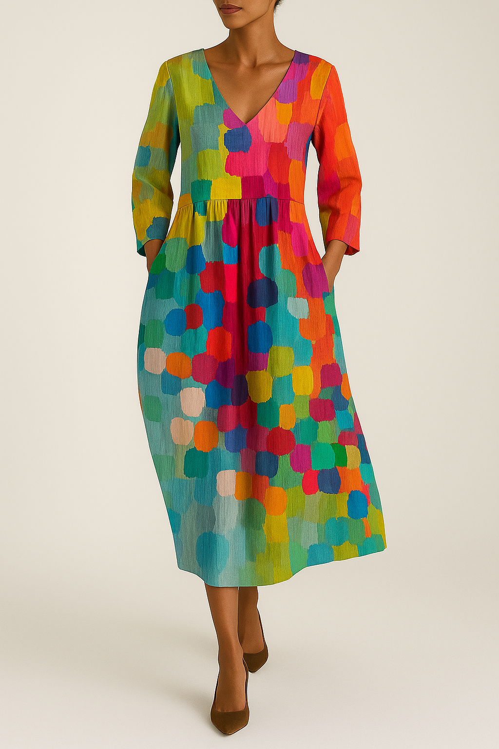 Buntes Boho Maxikleid mit V-Ausschnitt – Luftiges Freizeitkleid mit abstraktem Muster