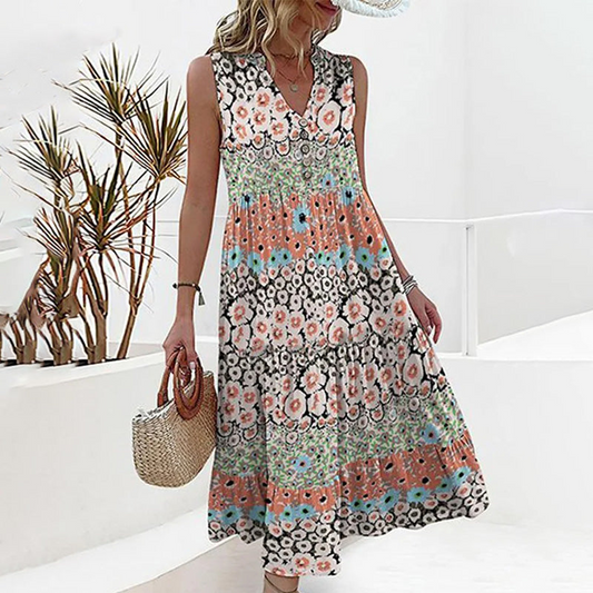 Ärmelloses Kleid Mit V- Ausschnitt Und Blumendruck Für Damen | Midi
