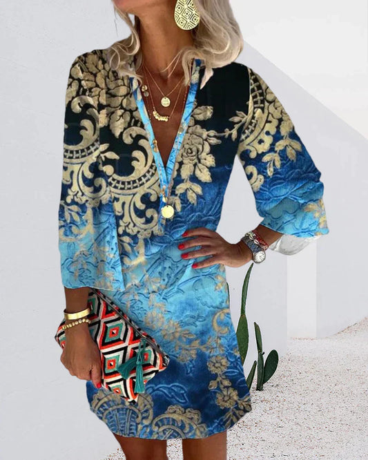 Damen Sommerkleid Mit Langen Ärmeln Und V Ausschnitt | Mini