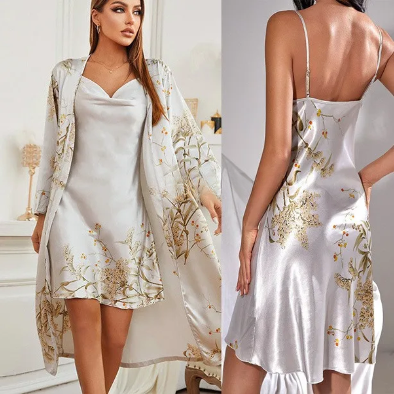 Zweiteiliges Satin-Nachthemd & Kimono-Set mit Blumenprint – Noelle
