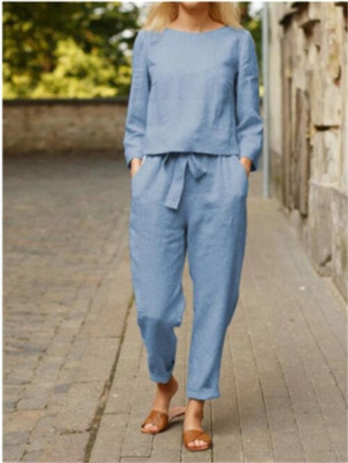 Zweiteiliges Damen Outfit mit Rundhals-Shirt & Hose mit Gummibund – Nia