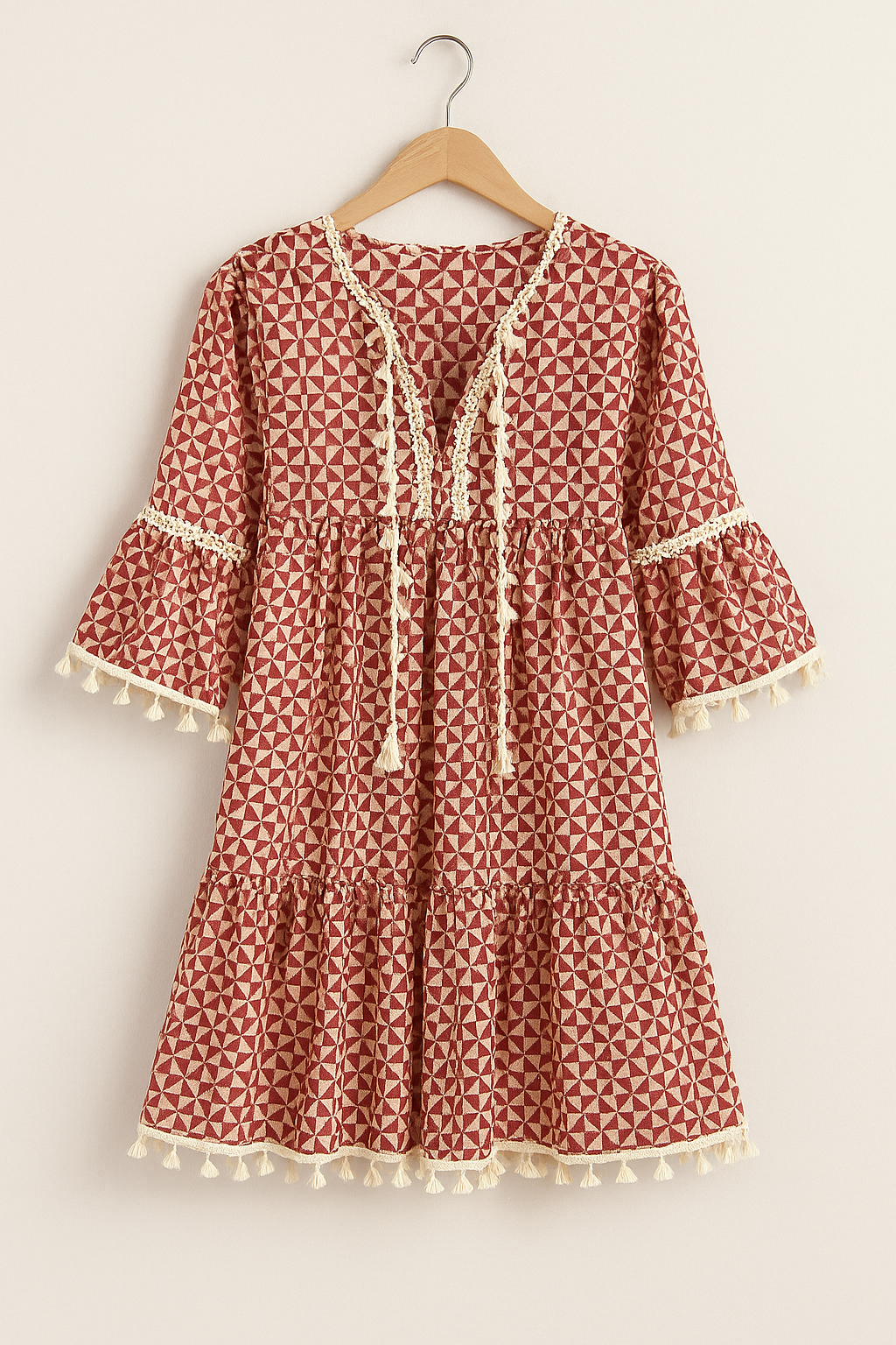 Boho Strandkleid Damen – Sommer Minikleid mit Quasten, Musterprint und 3/4-Ärmeln für Urlaub und Freizeit