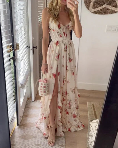 Damen ärmelloses Maxikleid mit Blumenmuster und Schlitz für den Sommer