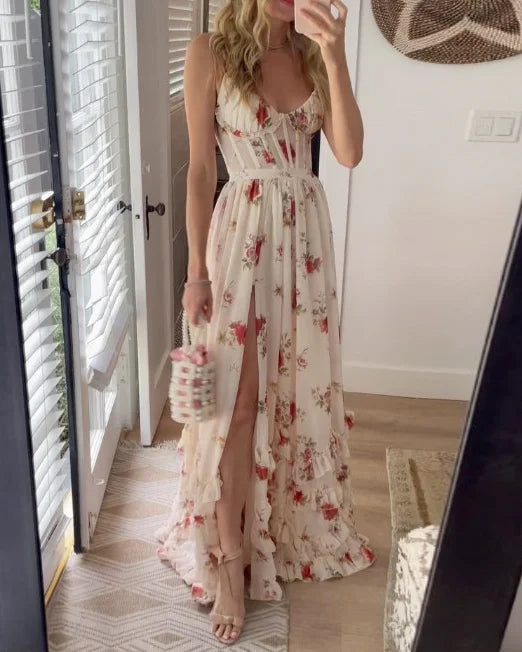 Damen ärmelloses Maxikleid mit Blumenmuster und Schlitz für den Sommer