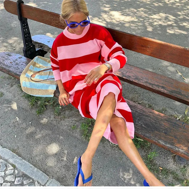 Edenia - Elegantes Midikleid mit kontrastierendem Streifenmuster für vielseitige Frauen für jeden Anlass