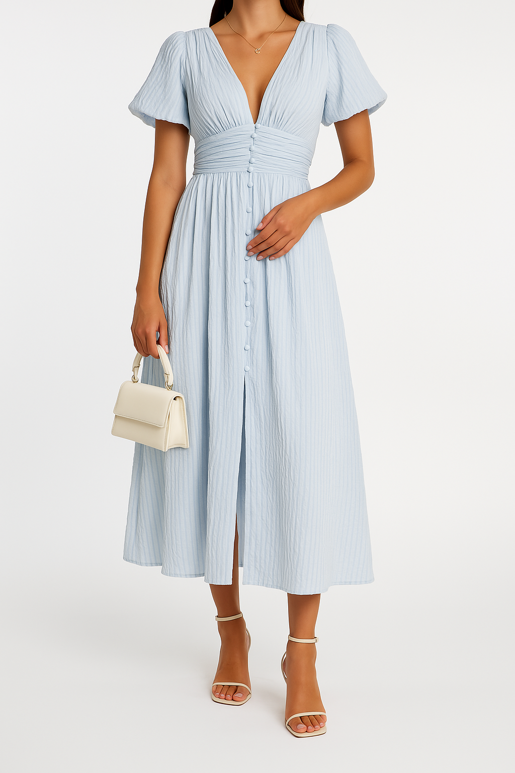 Damen V-Ausschnitt Midikleid mit Puffärmeln für den Sommer