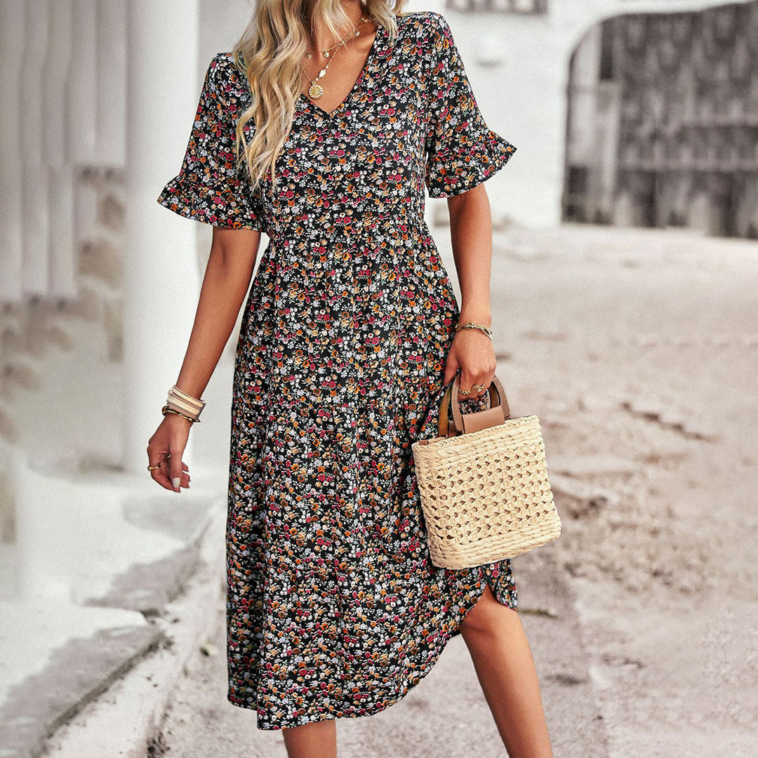 Boho Sommerkleid mit Blumenprint und V-Ausschnitt – Leichtes Midikleid mit kurzen Ärmeln für Damen