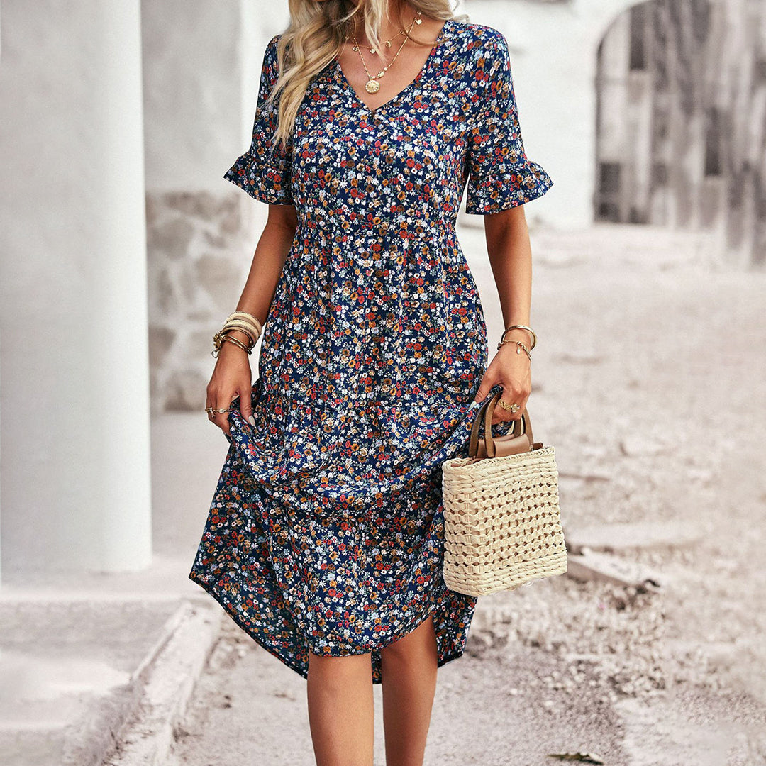 Boho Sommerkleid mit Blumenprint und V-Ausschnitt – Leichtes Midikleid mit kurzen Ärmeln für Damen