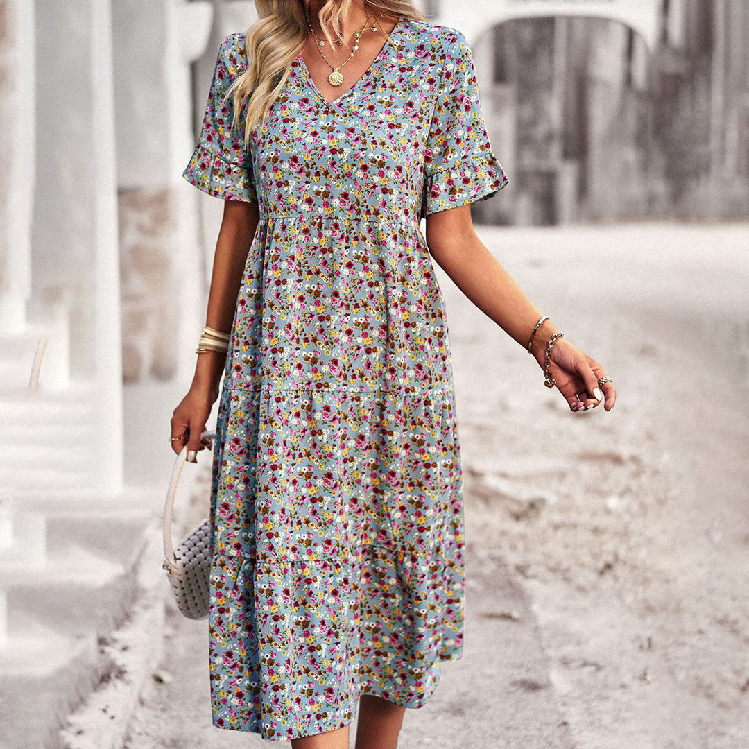 Boho Sommerkleid mit Blumenprint und V-Ausschnitt – Leichtes Midikleid mit kurzen Ärmeln für Damen