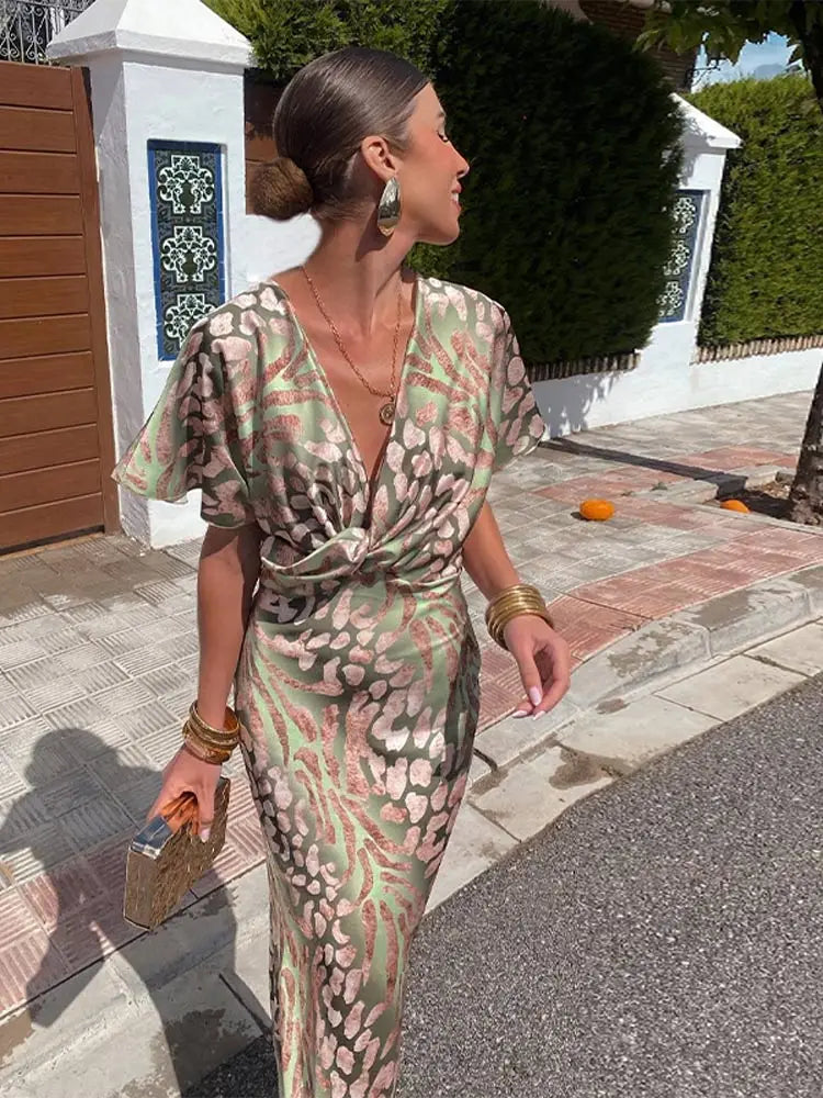 Damen Midikleid mit kurzen Ärmeln und Grafikmuster für den Sommer