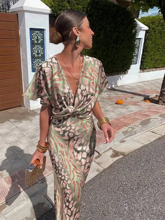 Damen Midikleid mit kurzen Ärmeln und Grafikmuster für den Sommer
