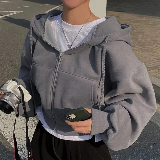 WW | Cropped Hoodie Übergroßer Kapuzenpullover mit Reißverschluss für Frauen