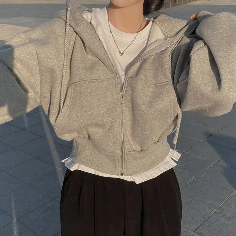 WW | Cropped Hoodie Übergroßer Kapuzenpullover mit Reißverschluss für Frauen