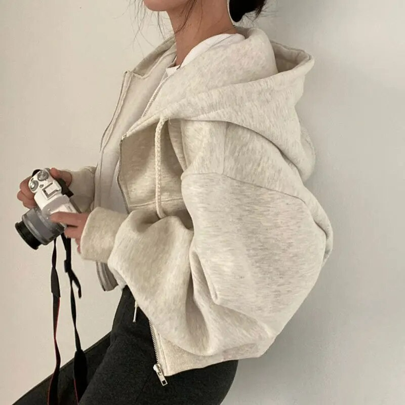 WW | Cropped Hoodie Übergroßer Kapuzenpullover mit Reißverschluss für Frauen