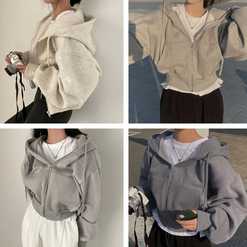 WW | Cropped Hoodie Übergroßer Kapuzenpullover mit Reißverschluss für Frauen